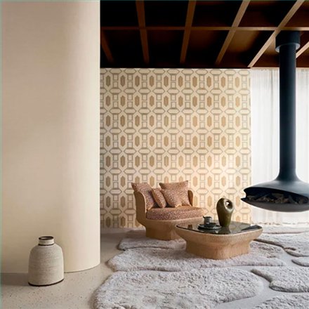 Ref.78190508 ambiente con racines mosaico art déco Verde y Ocre sobre fondo Beige