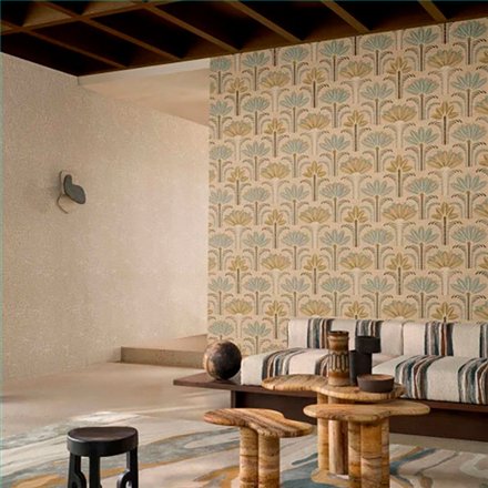 Ref.78180202 foto de ambiente palmeras art déco racines fondo Beige con Verde y Ocre