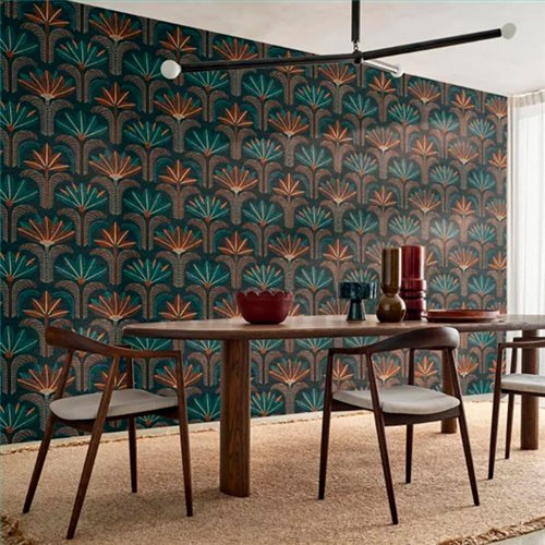 Ref.78180304 foto de ambiente palmeras art déco racines fondo Topo con Beige, Verde, Caldera y Marrón
