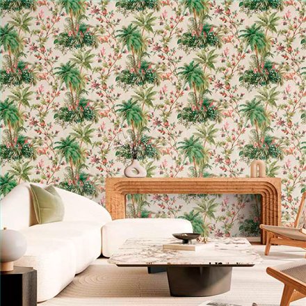 Ref.21159 silva essence - ambiente decorado con fondo Beige con detalles en Verde, Marrón y Caldera, motivo palmeras