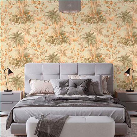 Ref.21158 ambiente con silva essence palmeras Verde, Marrón y Dorado sobre fondo Topo