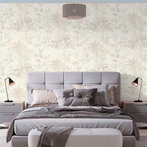 Ref.21154 estancia decorada con palmeras Nácar y Topo y fondo Blanco Roto, silva essence