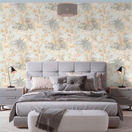 Ref.21155 ambiente con silva essence palmeras Beige, Gris y Dorado sobre fondo Topo