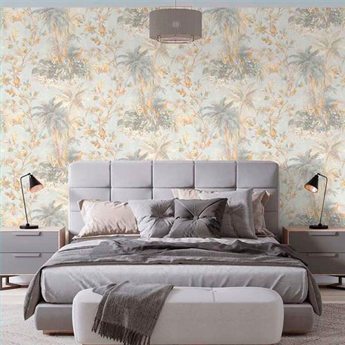 Ref.21155 ambiente con silva essence palmeras Beige, Gris y Dorado sobre fondo Topo
