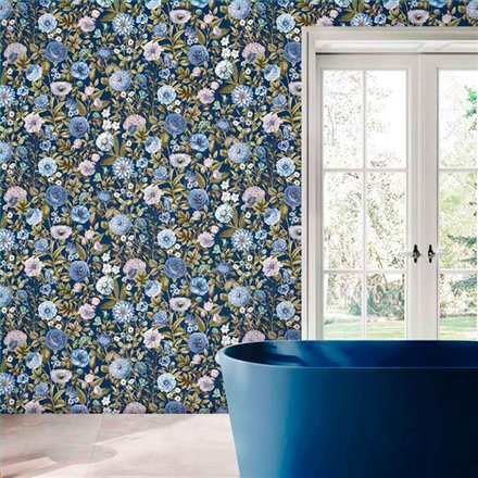 Ref.21104 foto de ambiente flores acuarela silva essence fondo Azul con Verde y Beige