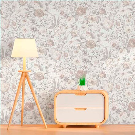 Ref.21102 ambiente con silva essence flores acuarela Gris y Topo sobre fondo Blanco Roto