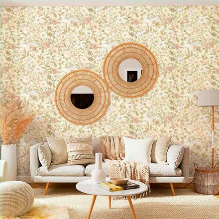 Ref.21101 estancia decorada con flores grabado Verde, Blanco Roto y Dorado y fondo Beige, silva essence