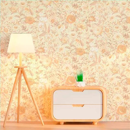 Ref.21100 ambiente real de flores grabado silva essence, sobre fondo Beige en tonos Topo, Blanco Roto y Dorado