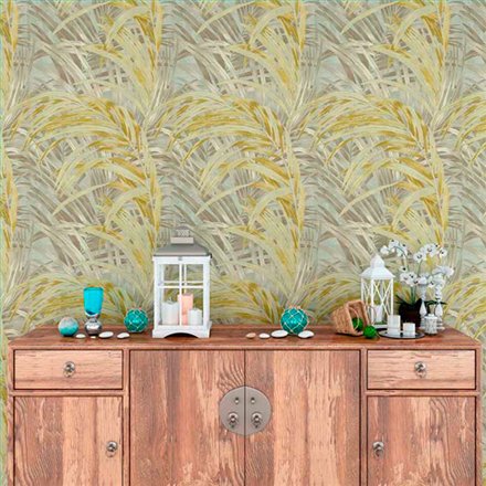 Ref.21140 ambiente con silva essence hojas eucalipto Verde sobre fondo Topo