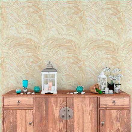 Ref.21138 estancia decorada con hojas eucalipto Dorado y fondo Beige, silva essence