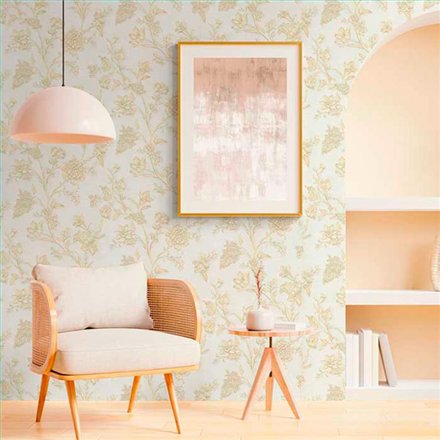 Ref.21117 ambiente real de flores grabado silva essence, sobre fondo Beige en tonos Dorado