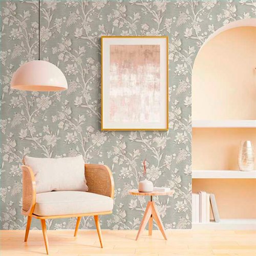 Ref.21118 ambiente real de flores grabado silva essence, sobre fondo Topo en tonos Beige y Dorado