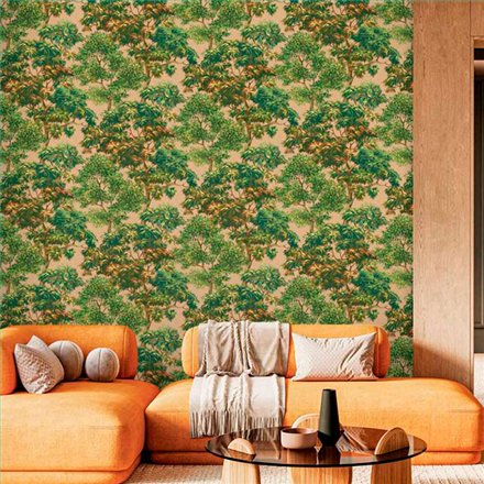 Ref.21133 ambiente con silva essence bosque Verde, Marrón y Dorado sobre fondo Beige