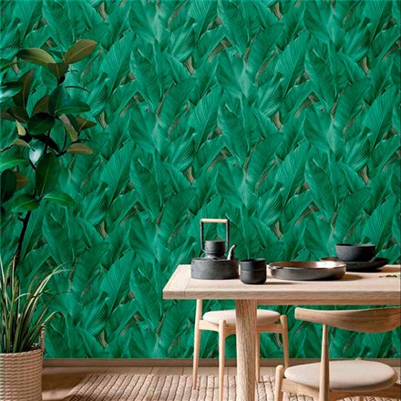 Ref.13304 papel pintado tahiti hojas tropicales sobre fondo Verde en tonos Beige