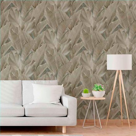Ref.13306 papel pintado tahiti hojas tropicales en Verde y Marrón sobre Beige