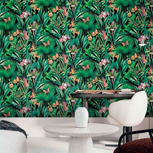 Ref.13334 papel pintado tahiti flores Multicolor sobre Negro