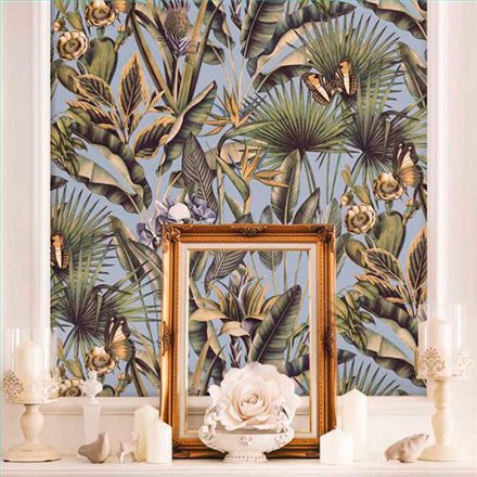 Ref.13332 papel pintado tahiti flores Multicolor con fondo Azul