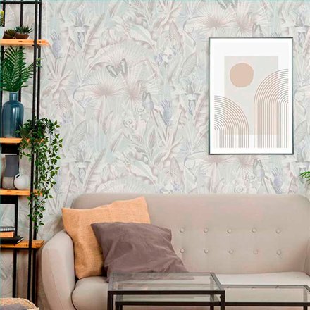 Ref.13330 papel pintado tahiti flores en Topo y Violeta sobre Blanco Roto