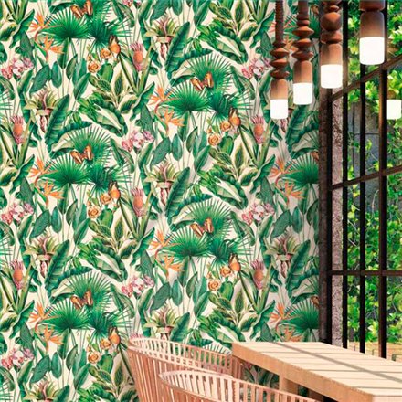 Ref.13335 papel pintado tahiti flores sobre fondo Beige en tonos Multicolor