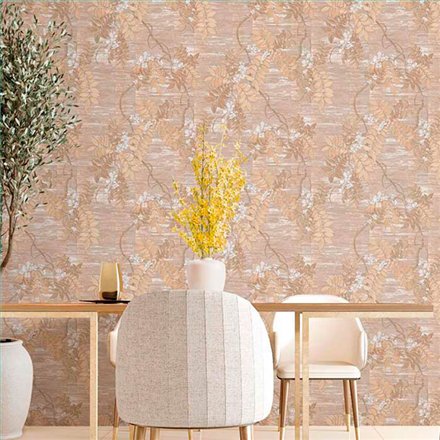 Ref.13319 papel pintado tahiti ramas Blanco Roto y Marrón y fondo Beige