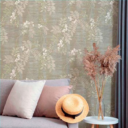 Ref.13320 papel pintado tahiti ramas Beige, Blanco Roto y Dorado con fondo Topo