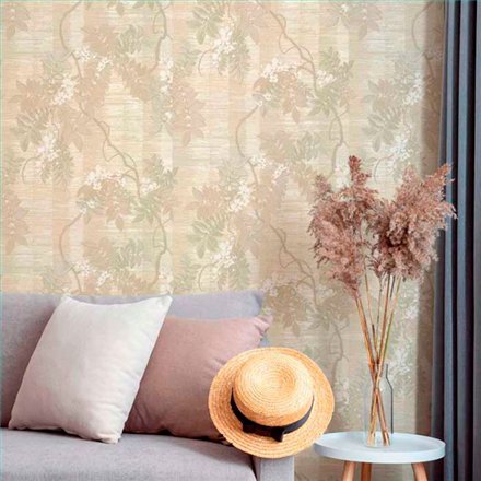 Ref.13318 papel pintado tahiti ramas en Topo y Blanco Roto sobre Beige