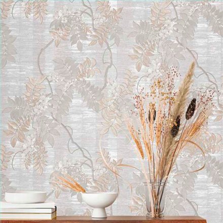 Ref.13317 papel pintado tahiti ramas sobre fondo Topo en tonos Blanco Roto y Beige