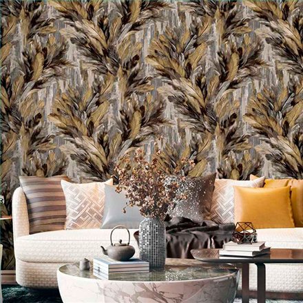 Ref.13349 papel pintado tahiti follaje tropical en Ocre, Negro y Gris sobre Topo