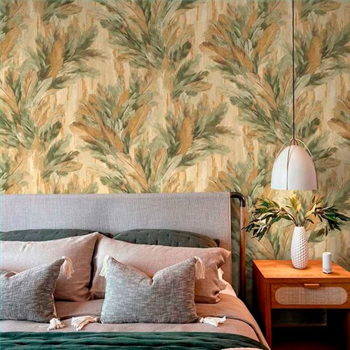Ref.13347 papel pintado tahiti follaje tropical Verde, Ocre y Marrón con fondo Beige