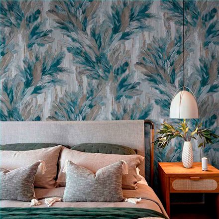 Ref.13348 papel pintado tahiti follaje tropical sobre fondo Gris en tonos Azul, Marrón y Plateado