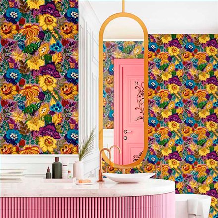 Ref.13362 papel pintado tahiti flores menudas Multicolor y fondo Violeta