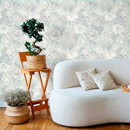 Ref.13358 papel pintado tahiti flores menudas Blanco Roto y Azul con fondo Topo