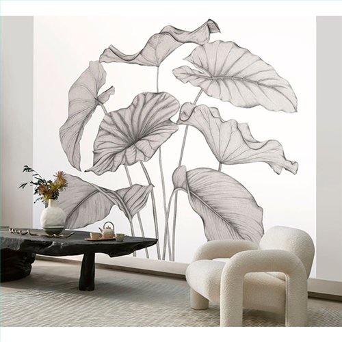 Ref.WDWT202229240NW foto de ambiente hojas boceto wonderwalls 3 fondo Blanco Roto con Gris y Negro