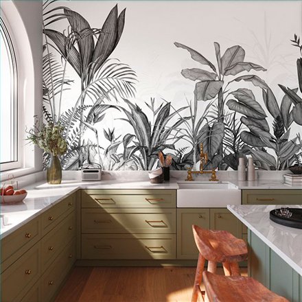 Ref.WDWT202339407NW foto de ambiente selva boceto wonderwalls 3 fondo Blanco Roto con Gris y Negro