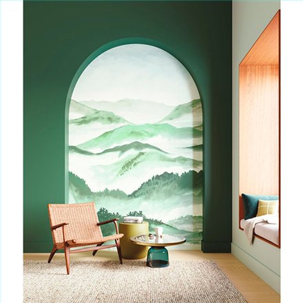 Ref.WDWT202177205NW ambiente real de montañas en bruma wonderwalls 3, sobre fondo Blanco Roto en tonos Verde