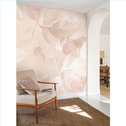 Ref.WDWT202284405NW ambiente real de follaje delicado wonderwalls 3, sobre fondo Rosa en tonos Beige y Topo