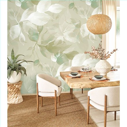 Ref.WDWT202287605NW ambiente con wonderwalls 3 follaje sereno Blanco Roto sobre fondo Verde