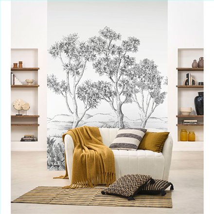 Ref.WDWT202219005NW estancia decorada con bosque boceto Gris y Negro y fondo Blanco Roto, wonderwalls 3
