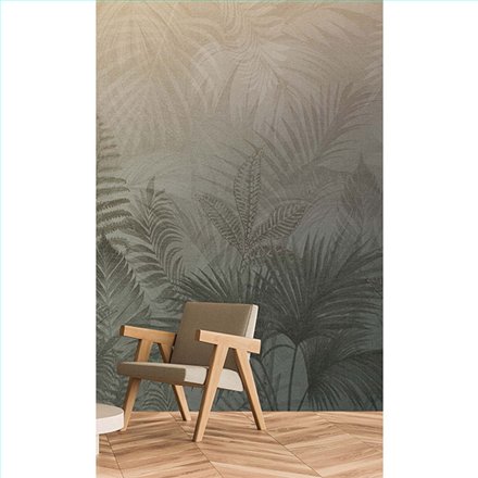 Ref.TND29096 terra nova - ambiente decorado con fondo Beige con detalles en Verde, motivo hojas tropicales
