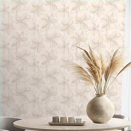 Ref.TN29060 ambiente con terra nova hojas difuminadas Topo y Beige sobre fondo Marfil