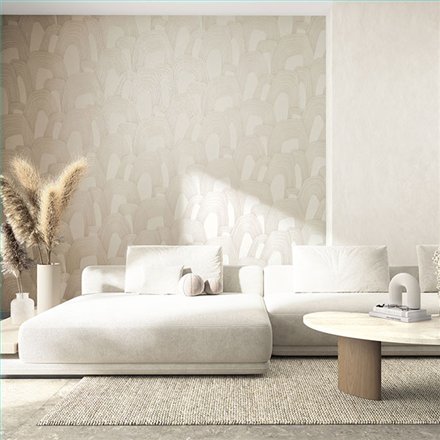 Ref.SILE-001 silence - ambiente decorado con fondo Beige con detalles en Nácar, motivo arcos lineales