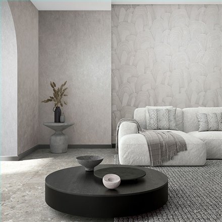 Ref.SILE-017 ambiente con silence arcos lineales Gris y Nacarado sobre fondo Gris