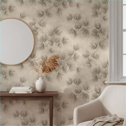 Ref.SILE-023 estancia decorada con ramas de pino Topo y fondo Beige, silence