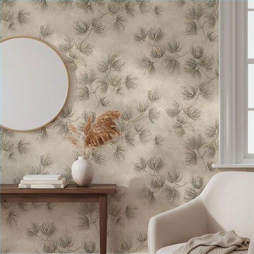 Ref.SILE-023 estancia decorada con ramas de pino Topo y fondo Beige, silence