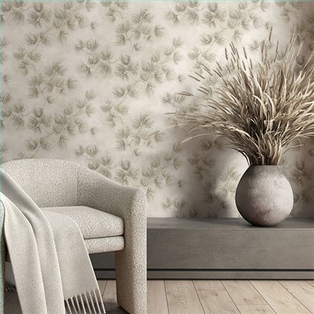 Ref.SILE-023 ambiente real de ramas de pino silence, sobre fondo Beige en tonos Topo