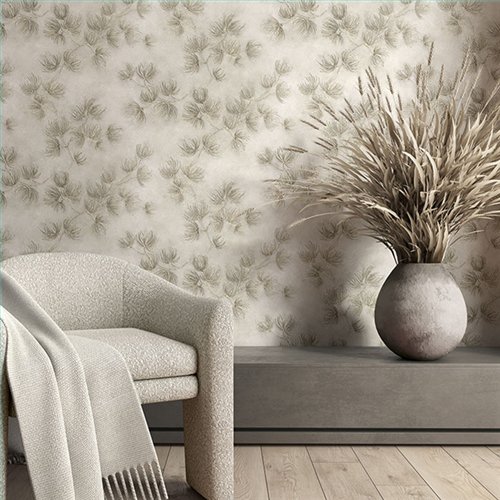Ref.SILE-023 ambiente real de ramas de pino silence, sobre fondo Beige en tonos Topo