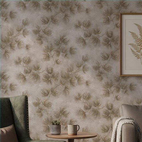 Ref.SILE-024 foto de ambiente ramas de pino silence fondo Beige con Topo y Ocre