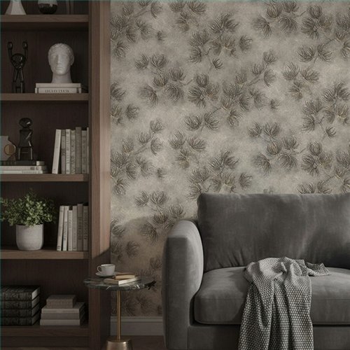 Ref.SILE-027 ambiente con silence ramas de pino Topo y Marrón sobre fondo Gris
