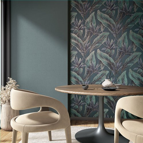 Ref.SILE-043 ambiente con silence hojas tropicales Gris y Dorado sobre fondo Verde
