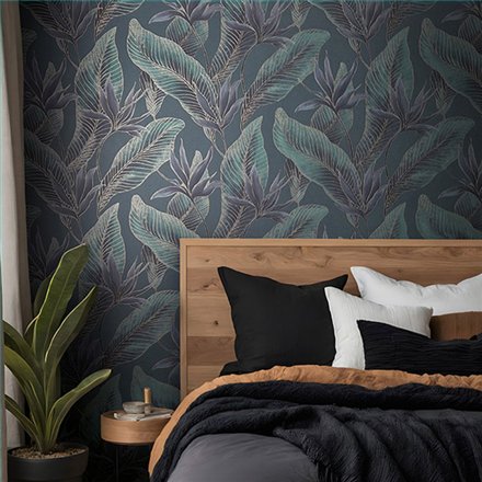 Ref.SILE-043 foto de ambiente hojas tropicales silence fondo Verde con Gris y Dorado